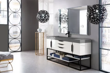 Columbia 72" Single Vanity, Glossy White, Matte Black w/ Dusk Grey Glossy Composite Stone Top - Image 2