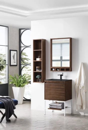 Milan 23.6" Single Vanity, Mid-Century Walnut, Glossy White w/ Charcoal Black Composite Stone Top - Image 3