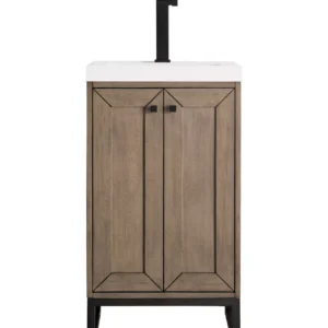 Chianti 20″ Single Vanity, Whitewashed Walnut, Matte Black, w/ White Glossy Composite Stone Top