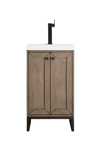 Chianti 20" Single Vanity, Whitewashed Walnut, Matte Black, w/ White Glossy Composite Stone Top