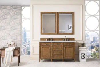 Brittany 60" Double Vanity, Saddle Brown w/ 3 CM Ethereal Noctis Quartz Top - Image 2