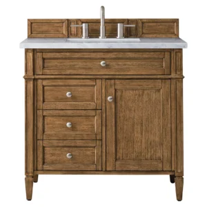 Brittany 36″ Single Vanity, Saddle Brown w/ 3 CM Arctic Fall Solid Surface Top