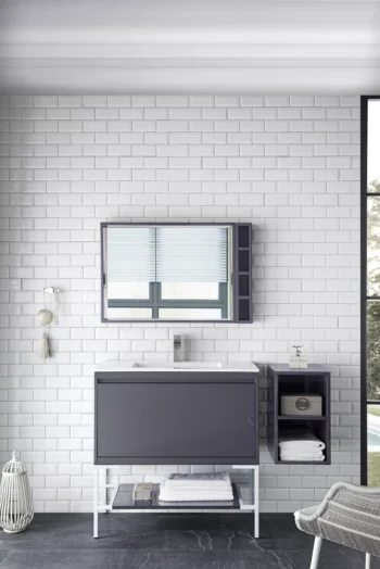 Milan 35.4" Single Vanity, Modern Gray Glossy, Glossy White w/ Glossy White Composite Stone Top - Image 2