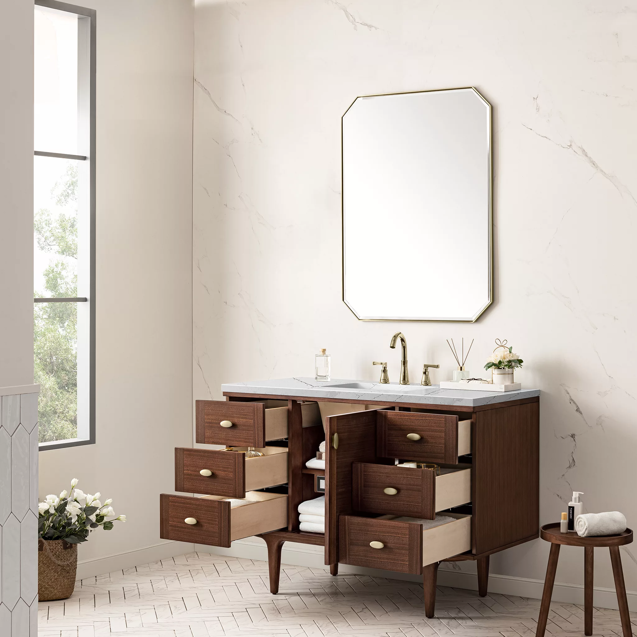 Amberly 48" Single Vanity, Mid-Century Walnut w/ 3 CM Ethereal Noctis Top - Image 7