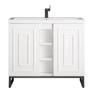 Alicante 39.5″ Single Vanity, Glossy White, Matte Black w/ White Glossy Composite Stone Top