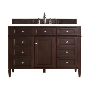 Brittany 48″ Single Vanity, Burnished Mahogany w/ 3 CM White Zeus Quartz Top