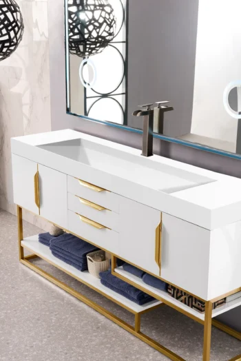 Columbia 72" Single Vanity, Glossy White, Radiant Gold w/ Glossy White Composite Stone Top - Image 2
