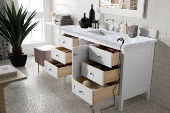 Palisades 60" Single Vanity, Bright White w/ 3 CM Carrara Marble Top - Image 4