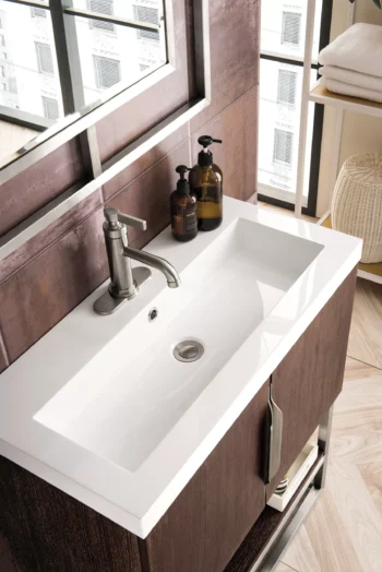 Columbia 31.5" Single Vanity, Coffee Oak, Brushed Nickel, w/ Glossy White Composite Stone Top - Image 6