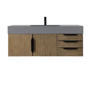 Mercer Island 48″ Single Vanity, Latte Oak, Matte Black w/ Dusk Grey Glossy Composite Stone Top