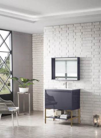 Milan 31.5" Single Vanity, Modern Gray Glossy, Radiant Gold w/ Glossy White Composite Stone Top - Image 3