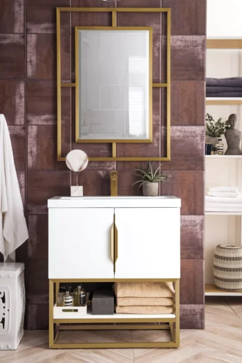 Columbia 31.5" Single Vanity, Glossy White, Radiant Gold, w/ White Glossy Composite Stone Top - Image 2
