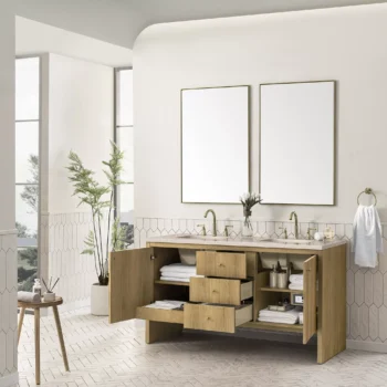 Hudson 60" Double Vanity, Light Natural Oak w/ 3 CM Eternal Marfil Top - Image 4