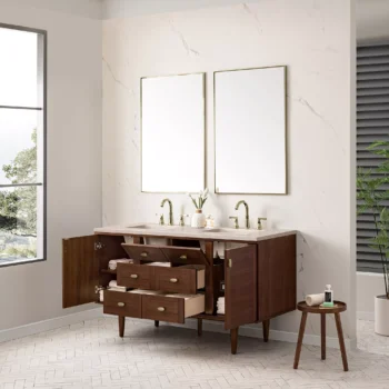 Amberly 60" Double Vanity, Mid-Century Walnut w/ 3 CM Eternal Marfil Top - Image 7