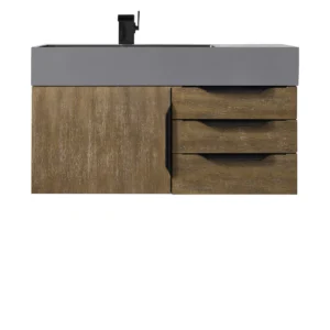 Mercer Island 36″ Single Vanity, Latte Oak, Matte Black w/ Dusk Grey Glossy Composite Stone Top