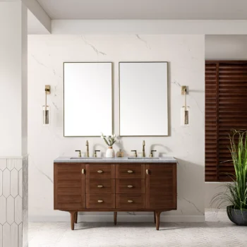 Amberly 60" Double Vanity, Mid-Century Walnut w/ 3 CM Carrara Marble Top - Image 3