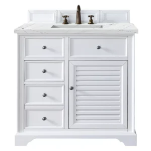 Savannah 36″ Single Vanity, Bright White w/ 3 CM Ethereal Noctis Quartz Top