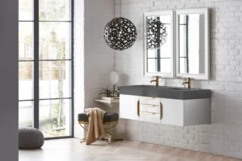 Mercer Island 59" Double Vanity, Glossy White, Radiant Gold w/ Dusk Grey Glossy Composite Stone Top - Image 3