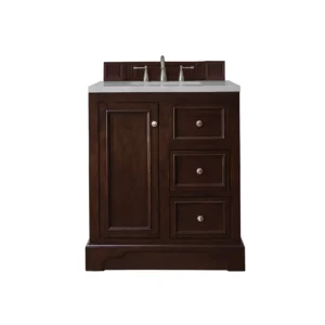 De Soto 30″ Single Vanity, Burnished Mahogany w/ 3 CM Eternal Serena Quartz Top