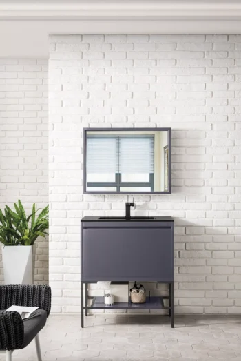 Milan 31.5" Single Vanity, Modern Gray Glossy, Matte Black w/ Charcoal Black Composite Stone Top - Image 2