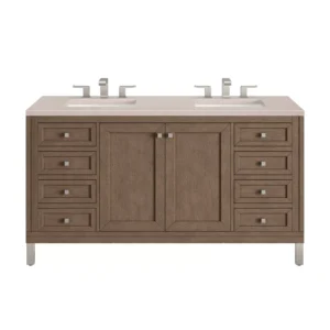 Chicago 60″ Double Vanity, Whitewashed Walnut w/ 3 CM Eternal Marfil Quartz Top