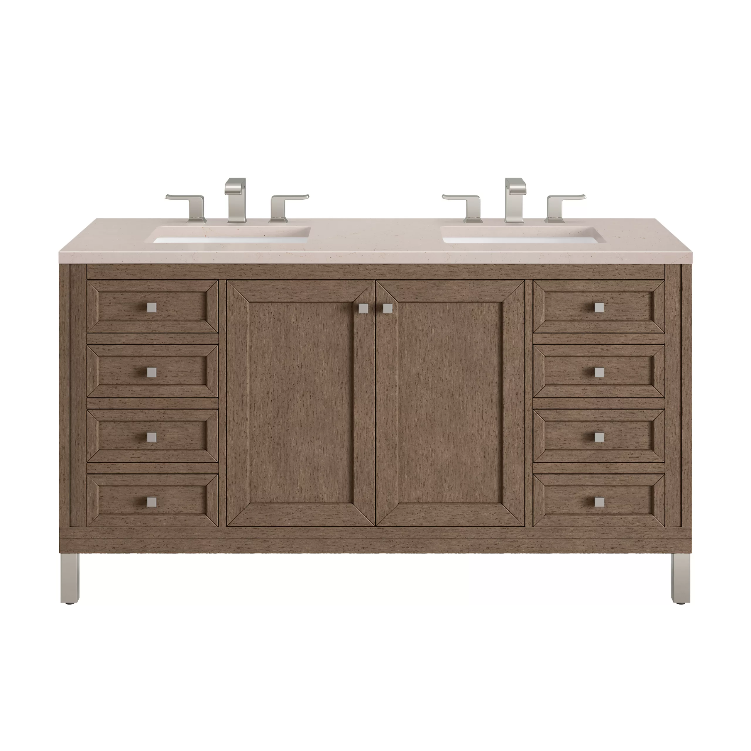 Chicago 60" Double Vanity, Whitewashed Walnut w/ 3 CM Eternal Marfil Quartz Top