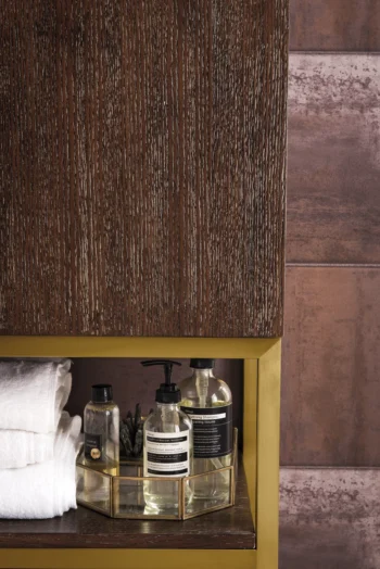 Columbia 31.5" Single Vanity, Coffee Oak, Radiant Gold, w/ Glossy White Composite Stone Top - Image 7