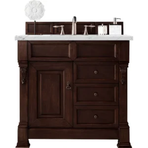 Brookfield 36″ Single Vanity, Burnished Mahogany w/ 3 CM Ethereal Noctis Quartz Top