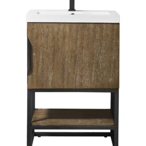 Columbia 24″ Single Vanity, Latte Oak, Matte Black w/ White Glossy Composite Stone Top