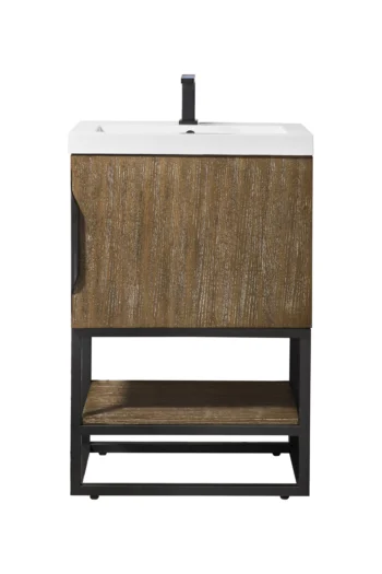 Columbia 24" Single Vanity, Latte Oak, Matte Black w/ White Glossy Composite Stone Top