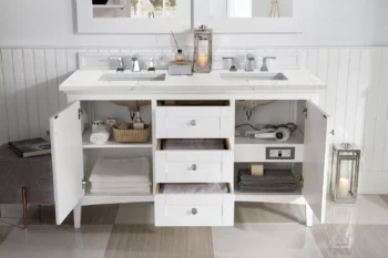 Palisades 60" Double Vanity, Bright White w/ 3 CM Eternal Jasmine Pearl Quartz Top - Image 3