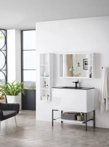 Mantova 35.4" Single Vanity, Glossy White, Matte Black Base w/ Charcoal Black Composite Stone Top - Image 3