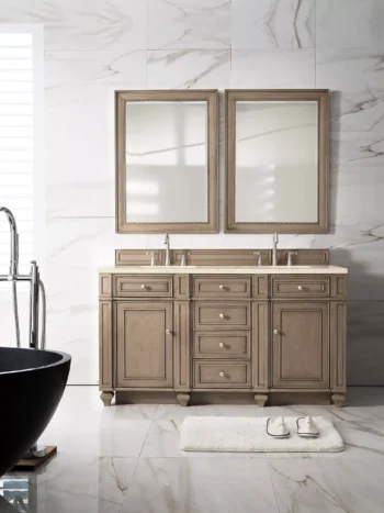 Bristol 60" Double Vanity, Whitewashed Walnut w/ 3 CM Eternal Marfil Quartz Top - Image 2