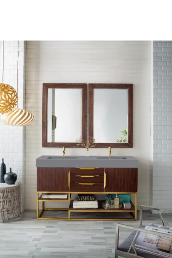 Columbia 59" Double Vanity, Coffee Oak, Radiant Gold w/ Dusk Grey Glossy Composite Stone Top - Image 2