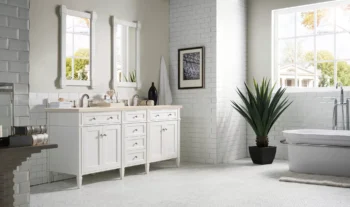Brittany 72" Double Vanity, Bright White Vanity w/ 3 CM Eternal Marfil Quartz Top - Image 3