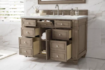 Bristol 48" Single Vanity, Whitewashed Walnut w/ 3 CM Eternal Jasmine Pearl Quartz Top - Image 4