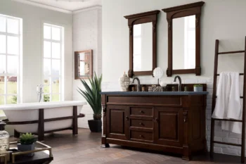 Brookfield 60" Double Vanity, Burnished Mahogany w/ 3 CM Charcoal Soapstone Quartz Top - Image 3