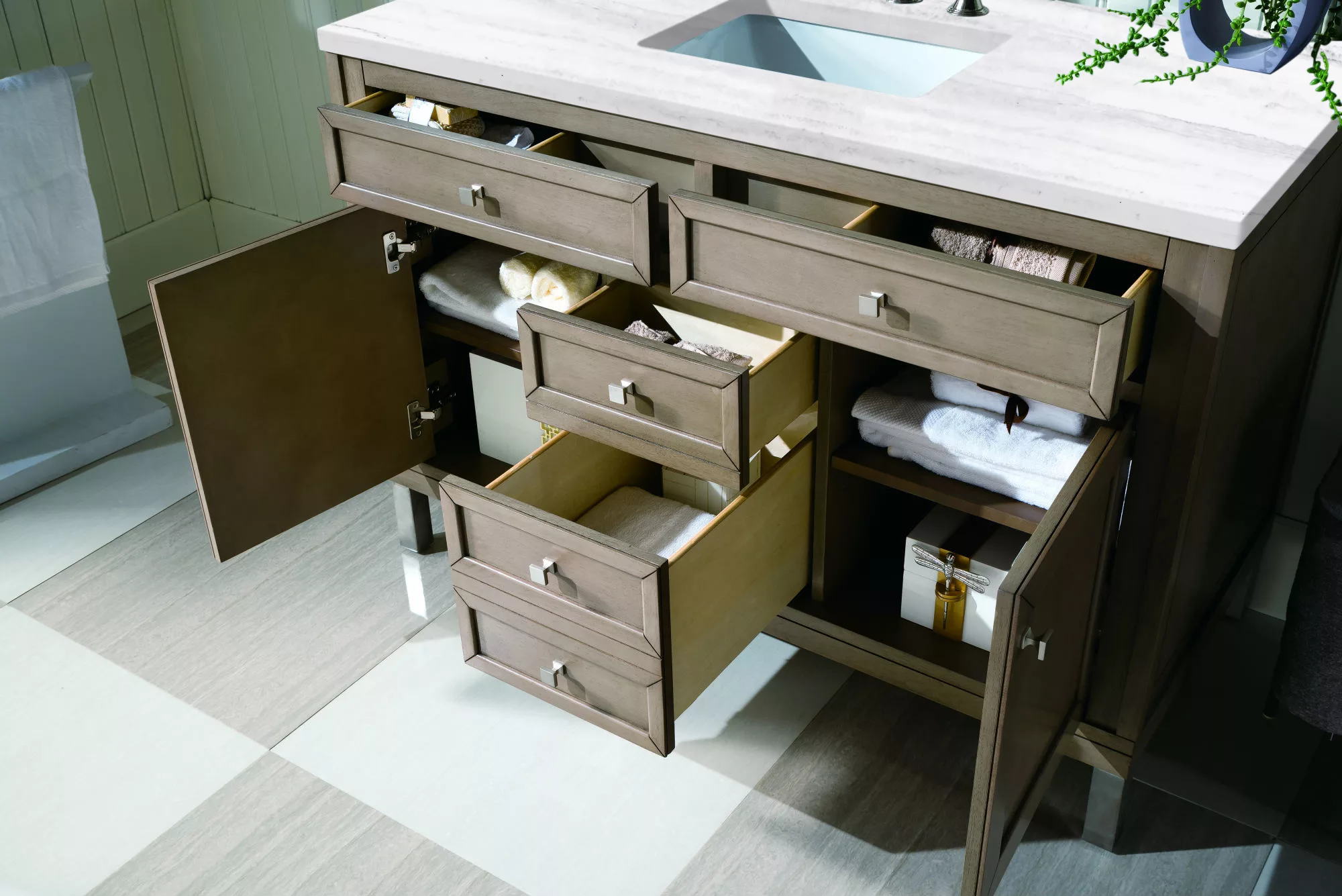 Chicago 48" Single Vanity, Whitewashed Walnut  w/ 3 CM Arctic Fall Solid Surface Top - Image 6