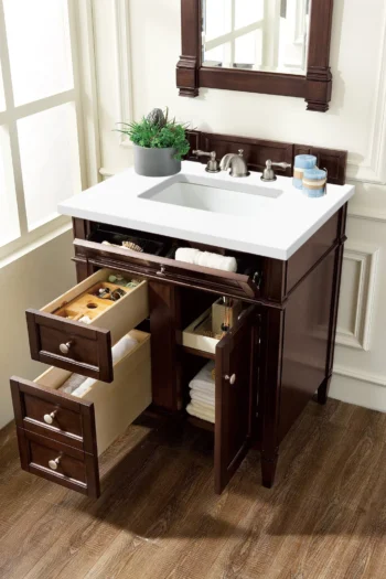 Brittany 30" Single Vanity, Burnished Mahogany, w/ 3 CM White Zeus Quartz Top - Image 4