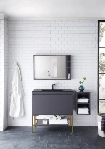 Milan 35.4" Single Vanity, Modern Gray Glossy, Radiant Gold w/ Charcoal Black Composite Stone Top - Image 2