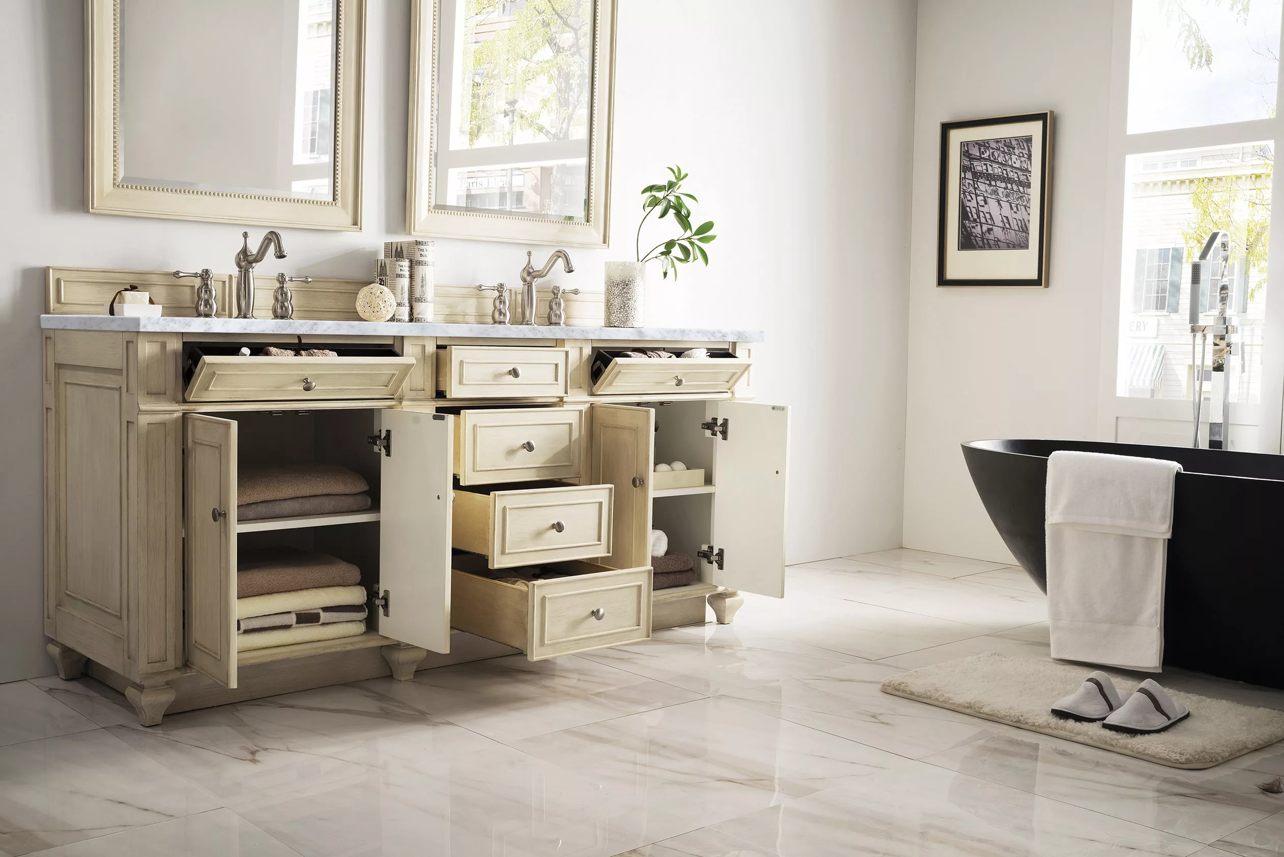 Bristol 72" Double Vanity, Vintage Vanilla w/ 3 CM Carrara Marble Top - Image 3