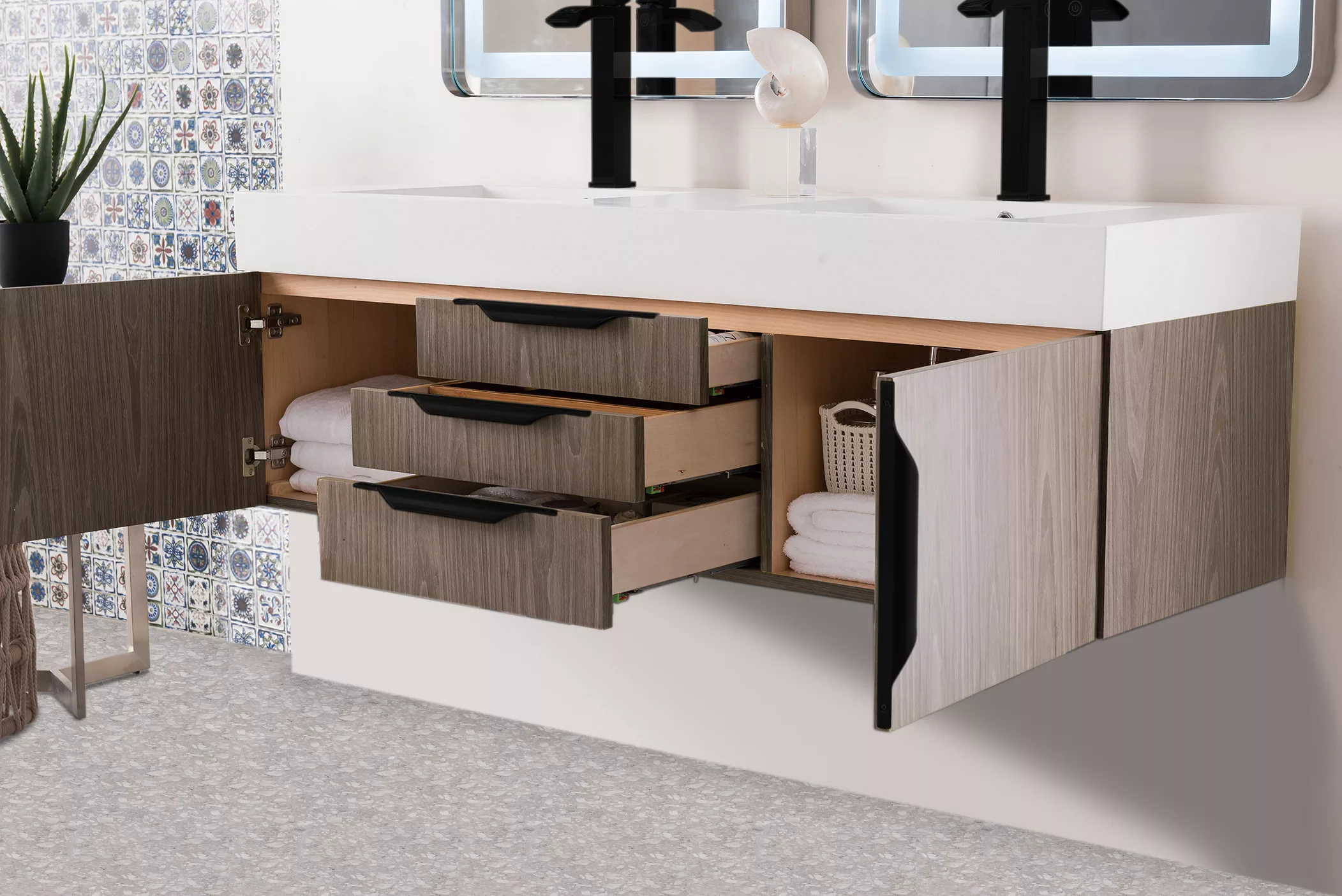 Mercer Island 59" Double Vanity, Ash Gray, Matte Black w/ Glossy White Composite Stone Top - Image 4