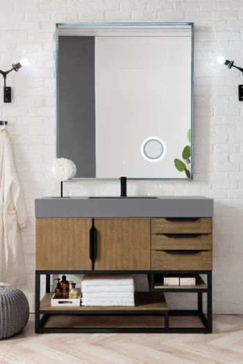 Columbia 48" Single Vanity, Latte Oak, Matte Black w/ Dusk Grey Glossy Composite Stone Top - Image 2