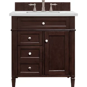 Brittany 30″ Single Vanity, Burnished Mahogany, w/ 3 CM Ethereal Noctis Quartz Top