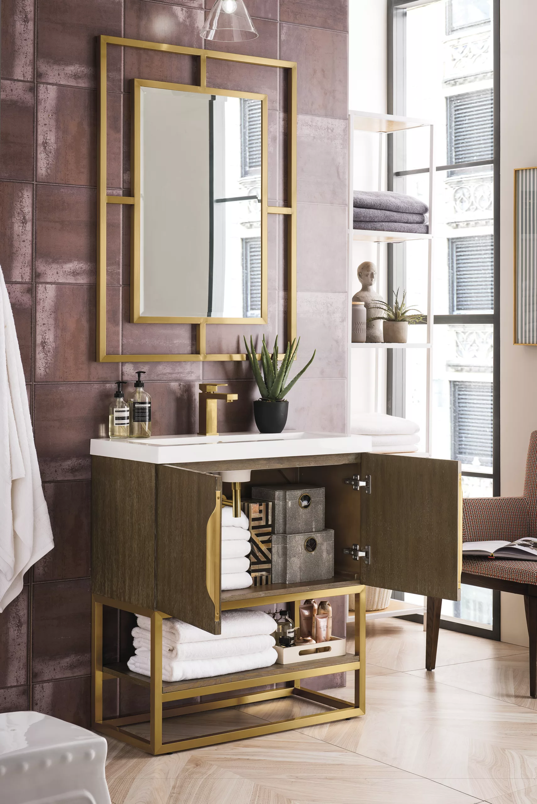 Columbia 31.5" Single Vanity, Latte Oak, Radiant Gold, w/ White Glossy Composite Stone Top - Image 4