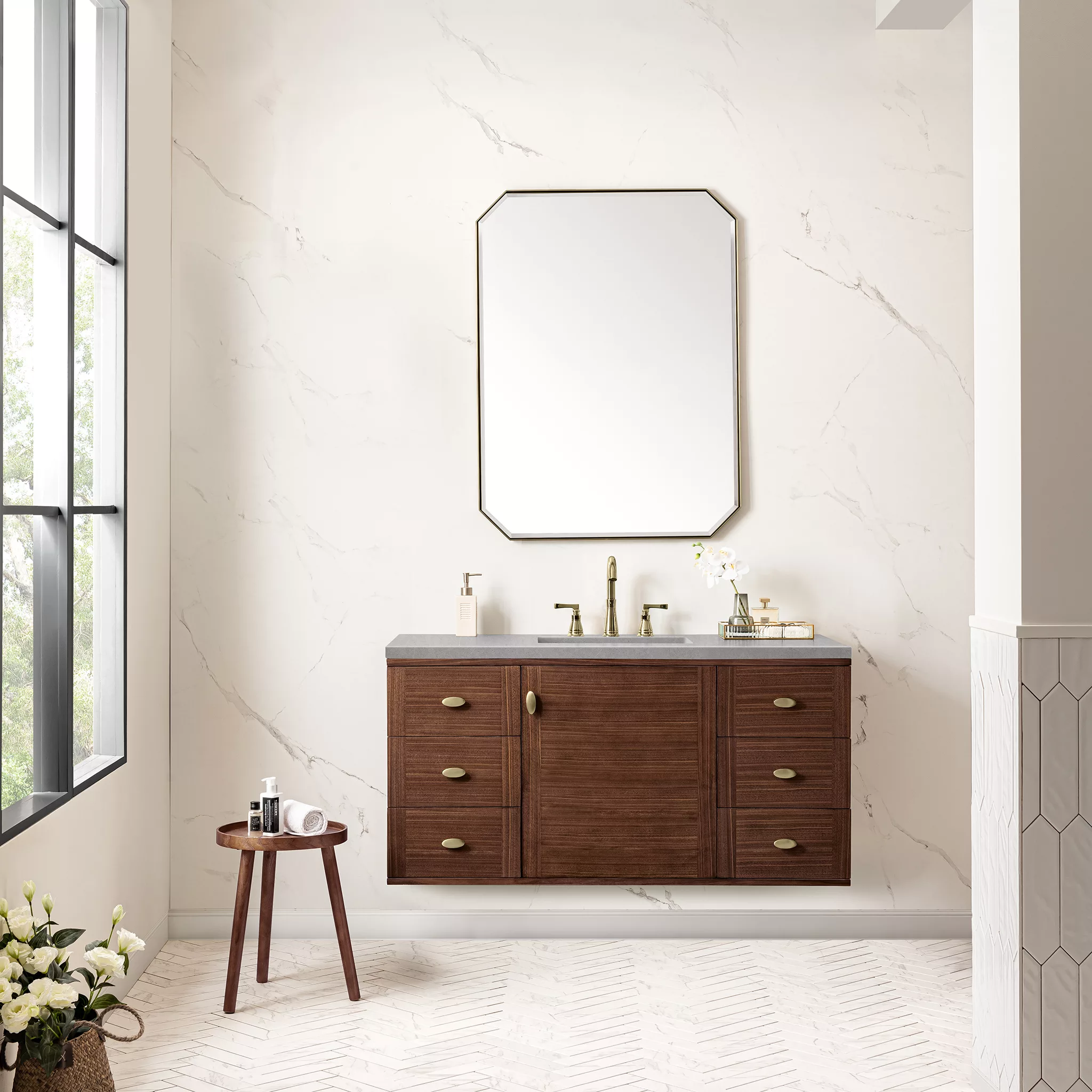 Amberly 48" Single Vanity, Mid-Century Walnut w/ 3 CM Eternal Serena Top - Image 4