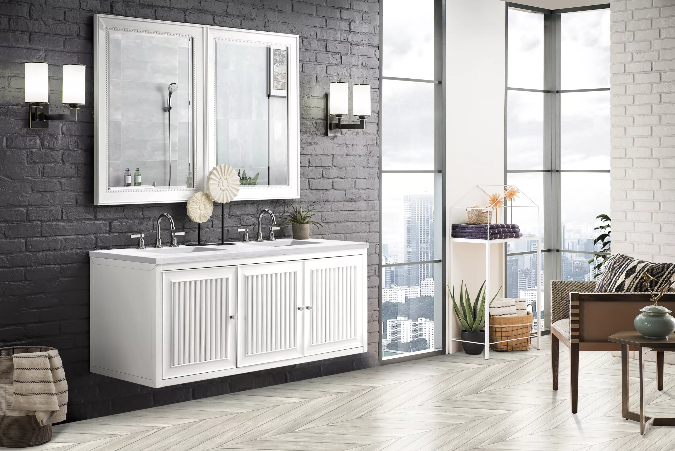 Athens 60" Double Vanity, Glossy White w/ 3 CM Arctic Fall Solid Surface Top - Image 7