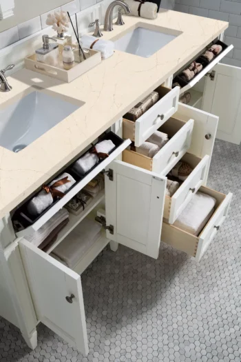 Brittany 72" Double Vanity, Bright White Vanity w/ 3 CM Eternal Marfil Quartz Top - Image 4