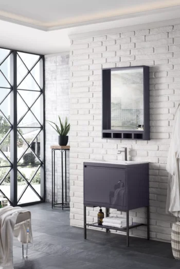 Milan 23.6" Single Vanity, Modern Gray Glossy, Matte Black w/ Glossy White Composite Stone Top - Image 3