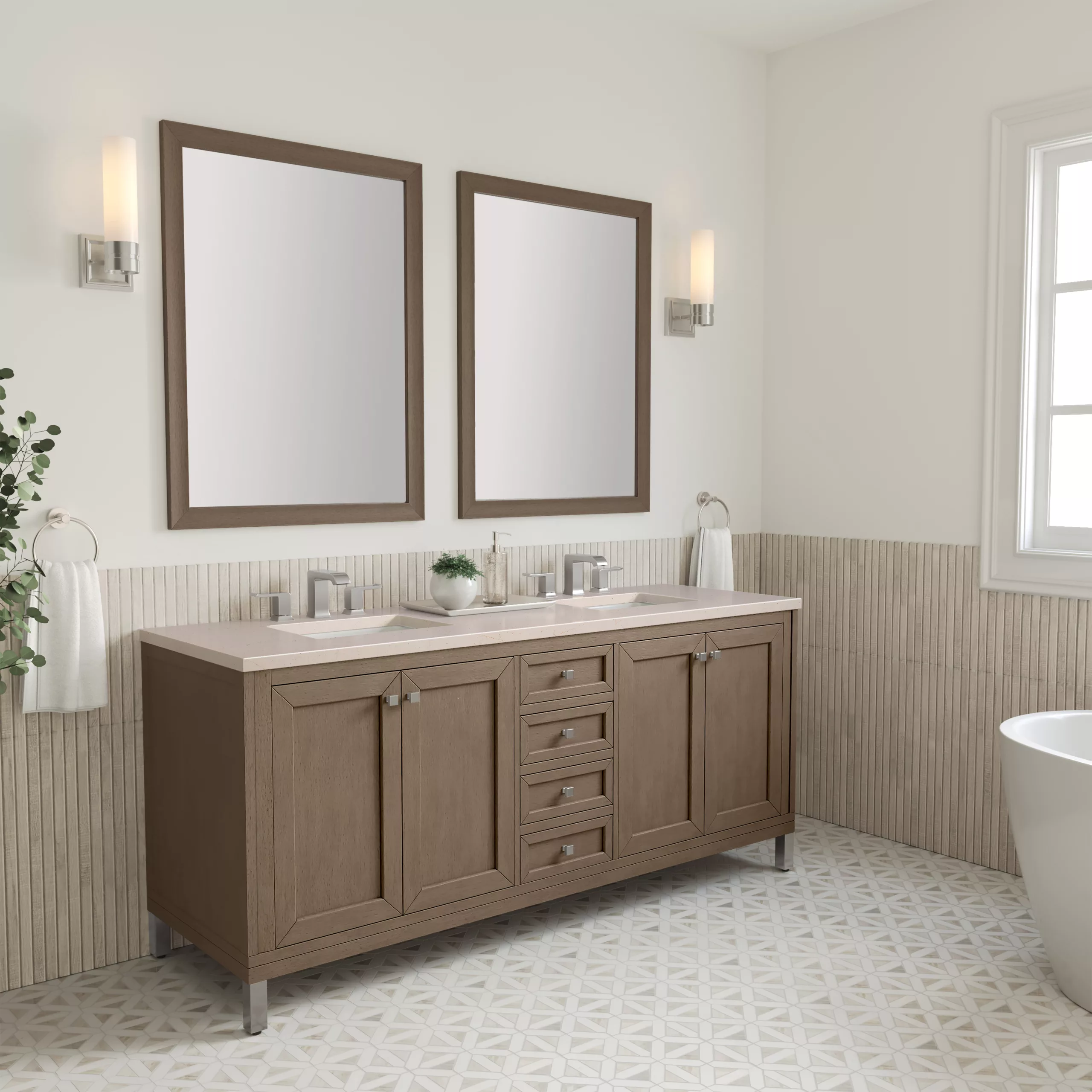 Chicago 72" Double Vanity, Whitewashed Walnut w/ 3 CM Eternal Marfil Quartz Top - Image 4